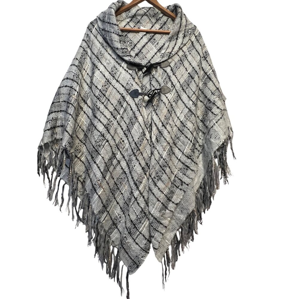 Plaid Poncho With Toggle Closure & Fringe Hem Shaw Collar Gray Black LT Weight
